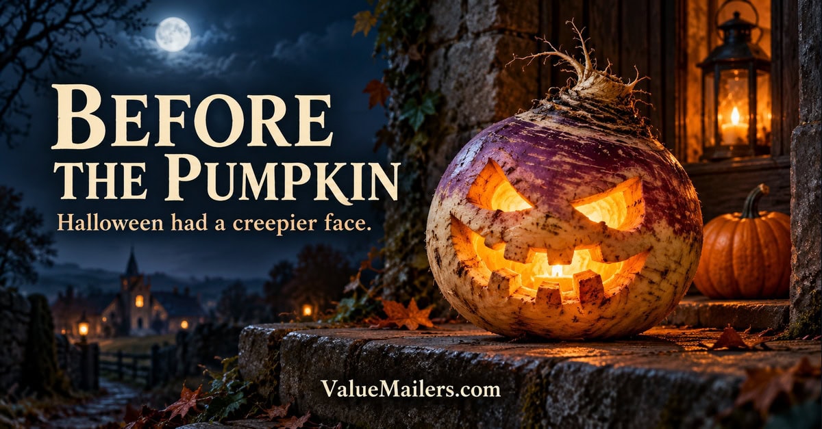 Illustration of glowing turnip lanterns on a stone doorstep with a pumpkin in the background.