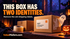 Halloween illustration of an old shipping label peeling into a friendly paper ghost beside a kraft carton and pumpkin. Text: “This box has two identities.”