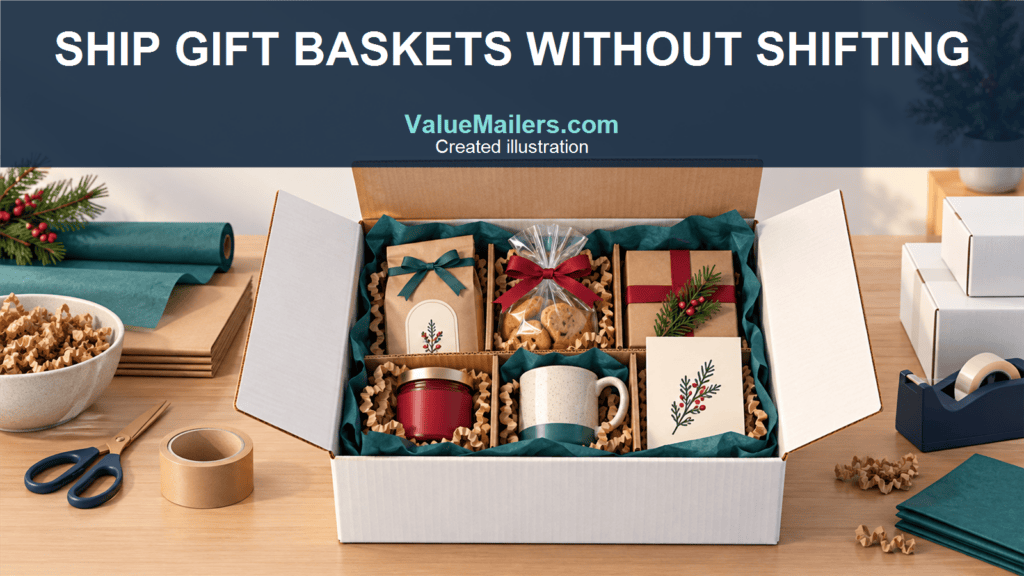 Created illustration of a generic gift basket stabilized inside a white corrugated shipping box with dividers and kraft fill; ValueMailers.com is visible.