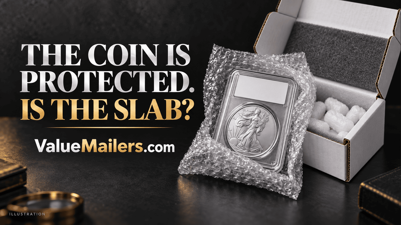 Shipping graded coins illustration showing a sealed coin slab cushioned in a bubble pouch beside a white corrugated box