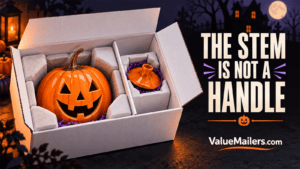 Created illustration of a ceramic Halloween pumpkin supported inside a white shipping box with its lid separately cushioned.