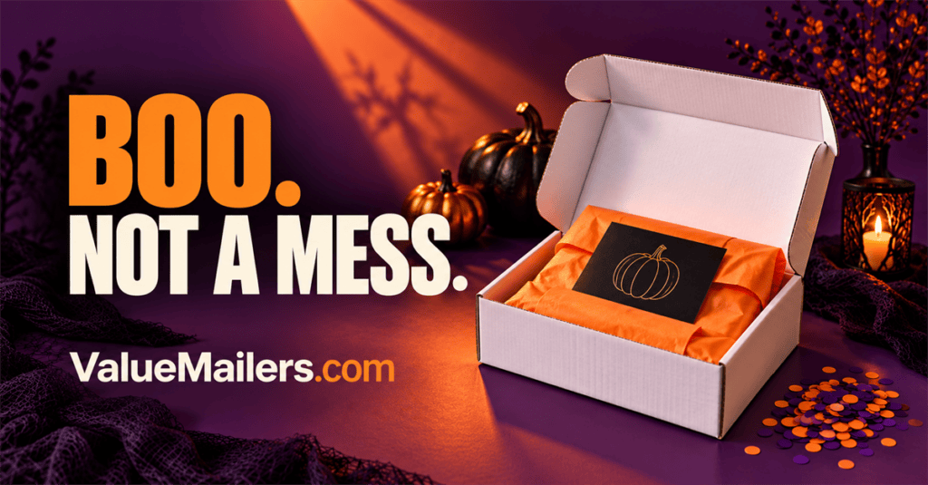 A clean Halloween unboxing with a white mailer box, a simple orange pumpkin card and neatly protected products.