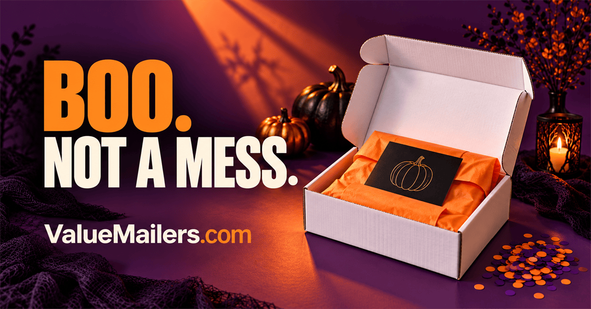 A clean Halloween unboxing with a white mailer box, a simple orange pumpkin card and neatly protected products.