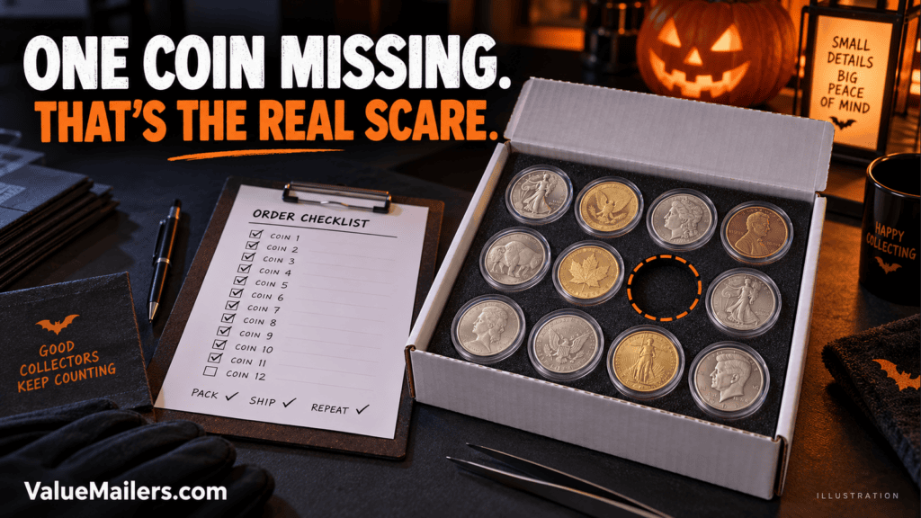Coin order packing illustration with protected coins, an empty position, a checklist and a Halloween pumpkin beside a white corrugated box