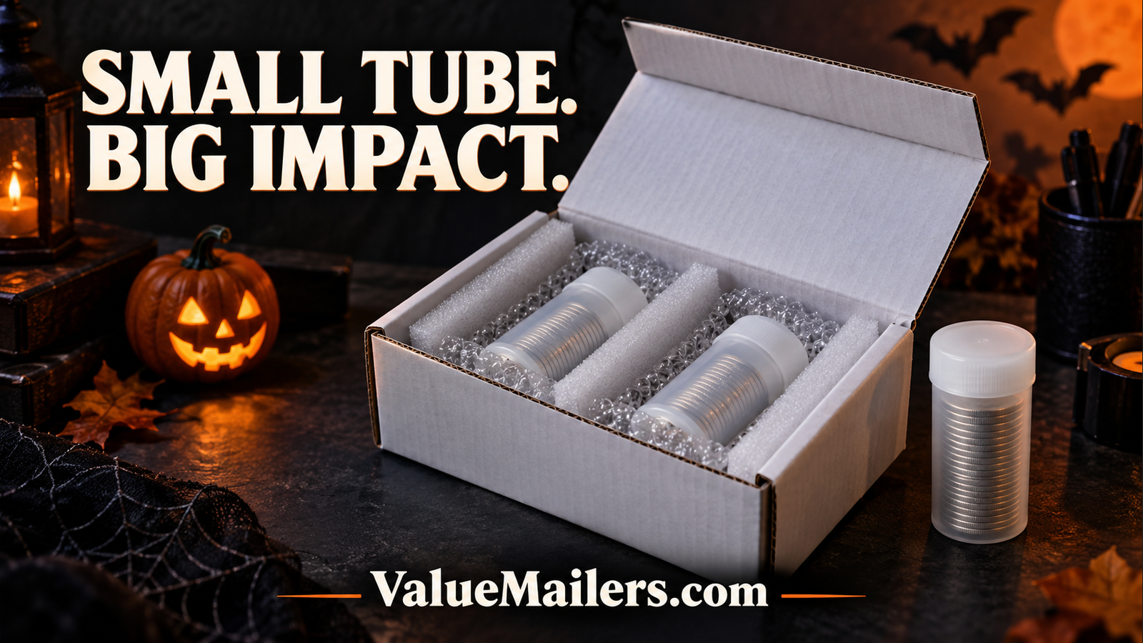 Shipping coin tubes Halloween illustration showing capped coin tubes separated and cushioned in a white corrugated box
