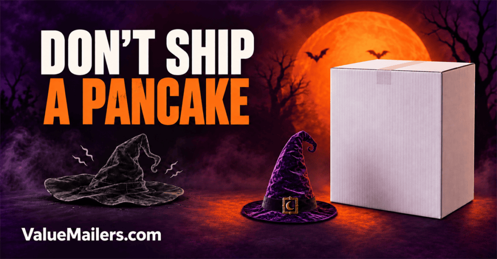 Halloween costume packaging illustration with a purple witch hat displayed beside a taller white shipping carton and a flattened hat.