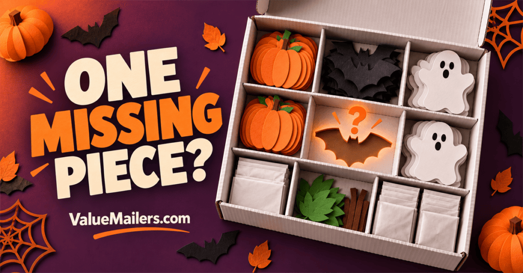Halloween craft kit packaging illustration with grouped pumpkin, bat, and ghost shapes inside a divided white box.