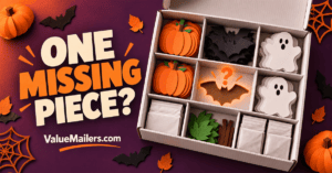 Halloween craft kit packaging illustration with grouped pumpkin, bat, and ghost shapes inside a divided white box.