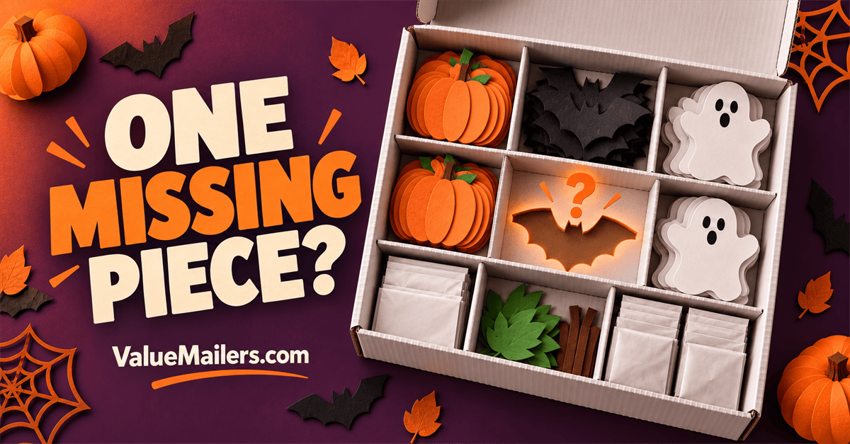 Halloween craft kit packaging illustration with grouped pumpkin, bat, and ghost shapes inside a divided white box.