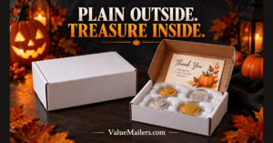 Discreet coin shipping Halloween illustration with a plain white carton and protected coins inside a separate open box