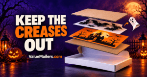 Paper Halloween bats, a seasonal print, and flat party decorations supported beside a white corrugated mailer box