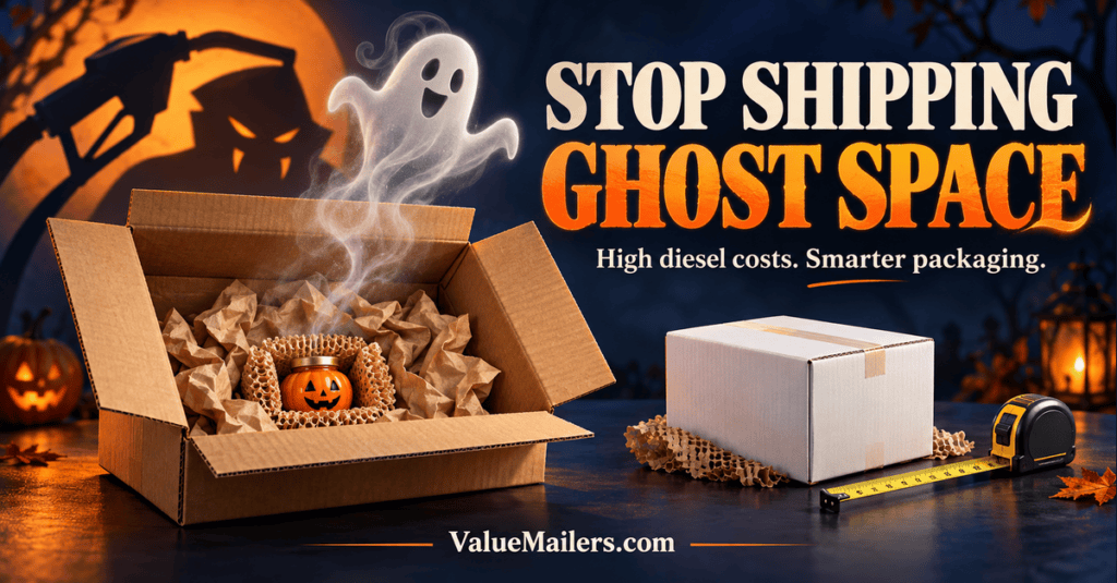 Fuel surcharge Halloween illustration showing ghost space in an oversized box beside a smaller white shipping carton