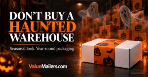 Created illustration of ghostly seasonal carton stacks behind a reusable white mailer box with an orange Halloween sleeve.