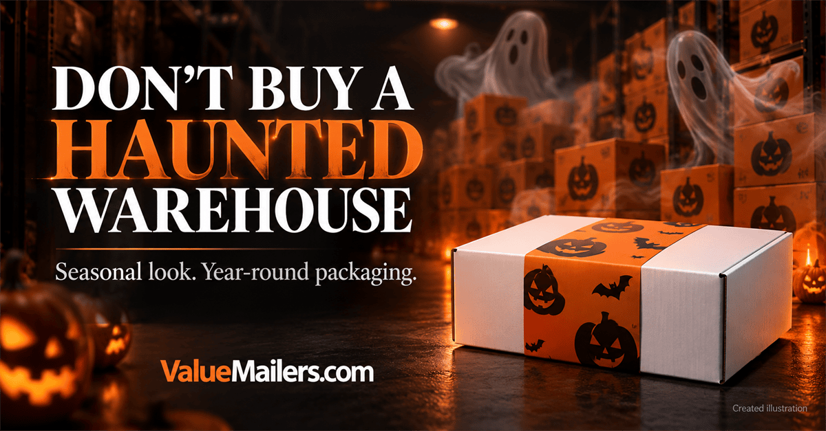 Created illustration of ghostly seasonal carton stacks behind a reusable white mailer box with an orange Halloween sleeve.