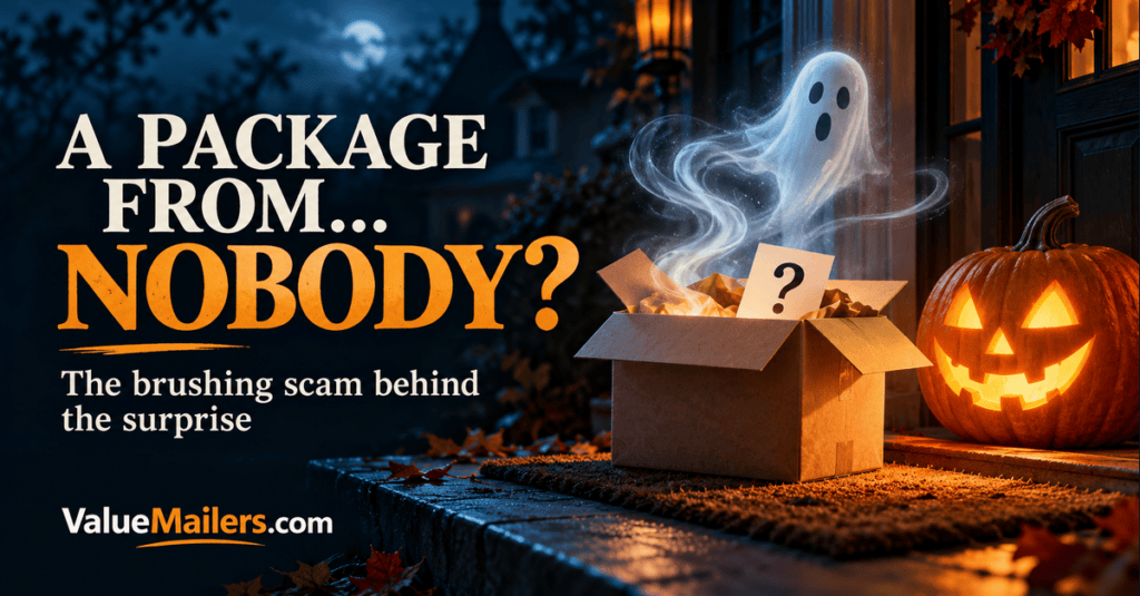 Halloween brushing scam illustration of a mystery package, ghost and pumpkin