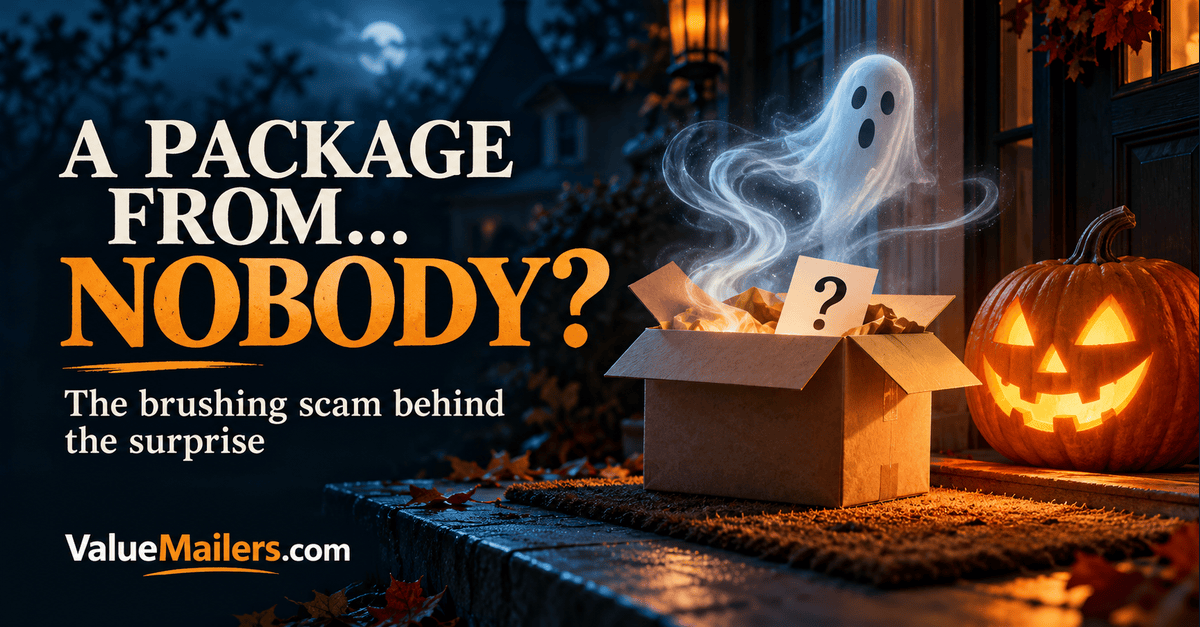 Halloween brushing scam illustration of a mystery package, ghost and pumpkin