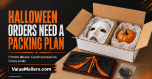 Halloween orders need a packing plan: protected mask and pumpkin decoration, folded costume, and ValueMailers.com branding.