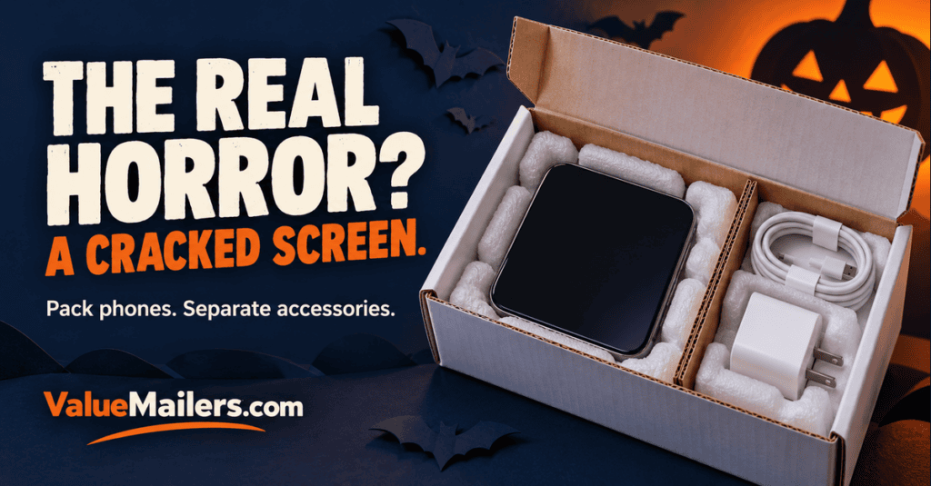Halloween illustration for shipping cell phones, with a cushioned phone and separate charger compartment