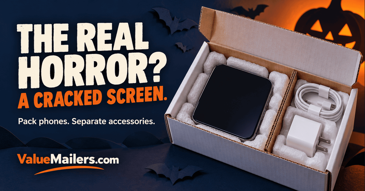 Halloween illustration for shipping cell phones, with a cushioned phone and separate charger compartment