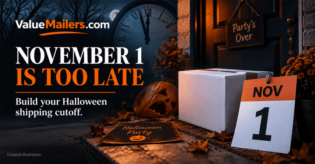 Created illustration of a white shipping parcel beside a November 1 calendar at a closed Halloween party doorway.