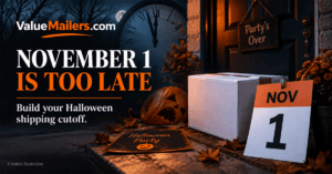 Created illustration of a white shipping parcel beside a November 1 calendar at a closed Halloween party doorway.