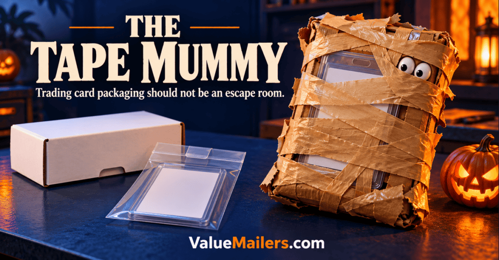 Trading card packaging illustrated as a Halloween tape mummy beside a white mailer box