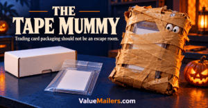 Trading card packaging illustrated as a Halloween tape mummy beside a white mailer box