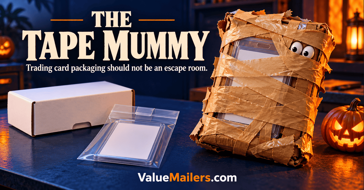 Trading card packaging illustrated as a Halloween tape mummy beside a white mailer box