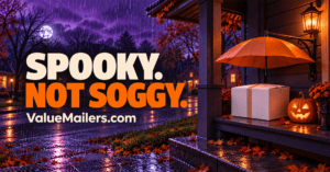 Wet-weather Halloween packaging illustration showing a white shipping box sheltered on a porch beside a pumpkin.