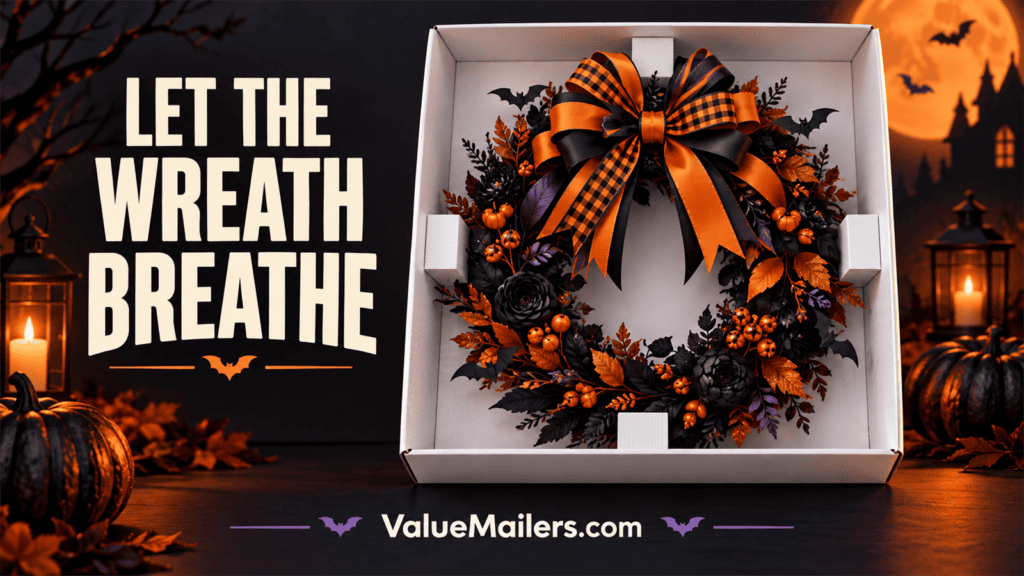 Created illustration of a black and orange Halloween wreath supported in an open white box with space above its bow.