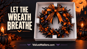 Created illustration of a black and orange Halloween wreath supported in an open white box with space above its bow.