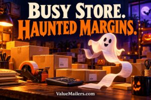 AI-generated illustration about small business profit margins, with a receipt-like ghost above a packing table. Headline: Busy Store. Haunted Margins. ValueMailers.com.