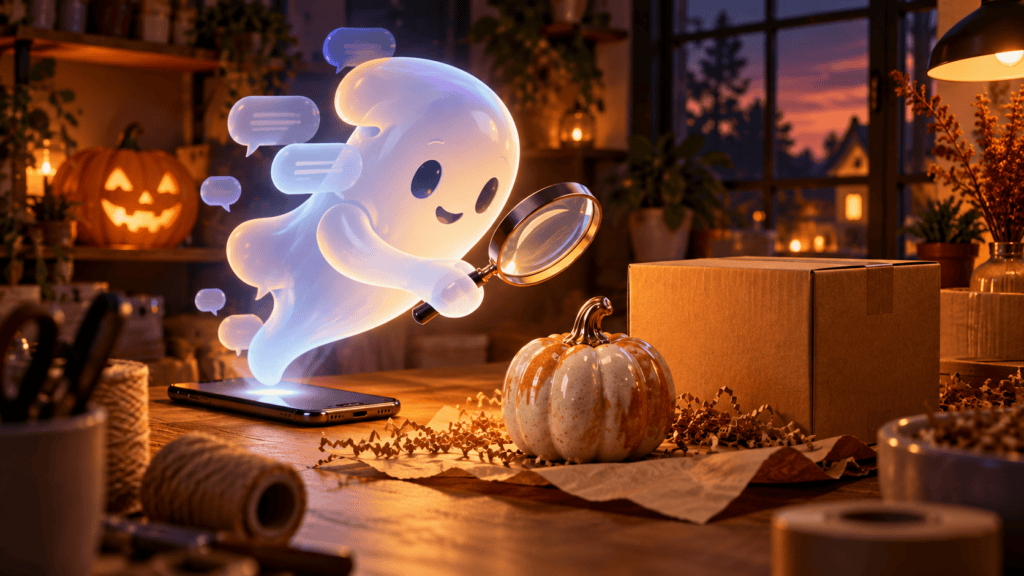 Halloween AI shopping illustration: a glowing ghost examines a ceramic pumpkin beside a phone and box.