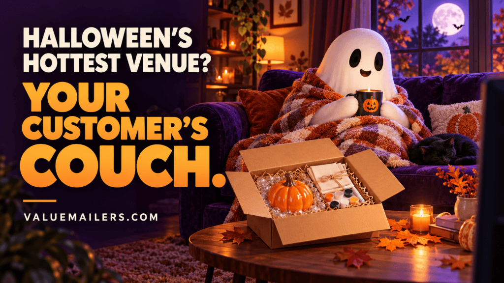 Halloween small business ideas illustrated by a cozy ghost on a couch beside a packed shipping box.