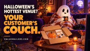 Halloween small business ideas illustrated by a cozy ghost on a couch beside a packed shipping box.