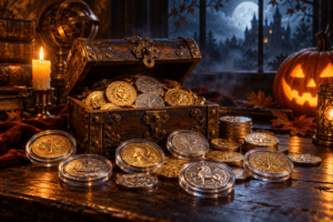 Halloween illustration of gold and silver coins in protective capsules beside a treasure chest and glowing pumpkin
