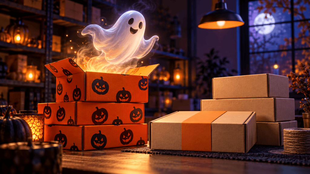 Halloween packaging illustration with a friendly ghost above pumpkin-pattern cartons beside plain kraft shipping boxes.