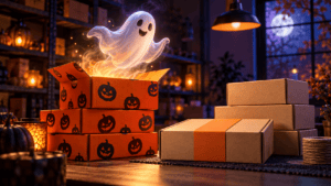 Halloween packaging illustration with a friendly ghost above pumpkin-pattern cartons beside plain kraft shipping boxes.