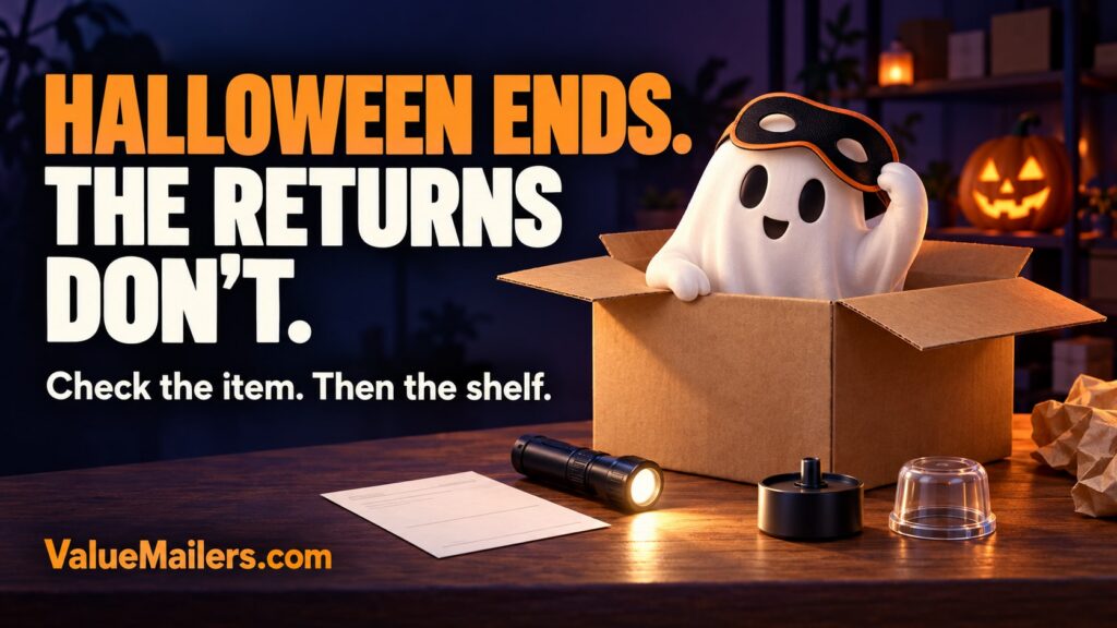 Halloween returns illustration: a friendly ghost lifts a mask above an open shipping carton on a returns inspection table.