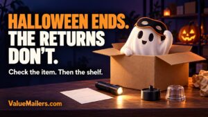 Halloween returns illustration: a friendly ghost lifts a mask above an open shipping carton on a returns inspection table.