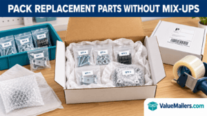Illustrated packing station with bagged replacement parts, bubble protection, and a corrugated shipping box.