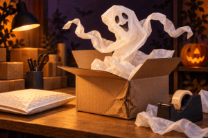 Small business nightmares: a tissue-paper ghost rises from a damaged shipping box at a Halloween packing bench.
