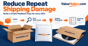 Shipping damage claims feedback loop: review the claim, find the cause, update packaging, and write a packing rule