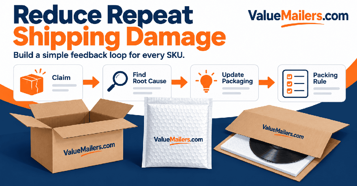 Shipping damage claims feedback loop: review the claim, find the cause, update packaging, and write a packing rule