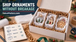 Created illustration showing how to ship Christmas ornaments with individually protected pieces separated inside a white corrugated shipping box; ValueMailers.com is visible.